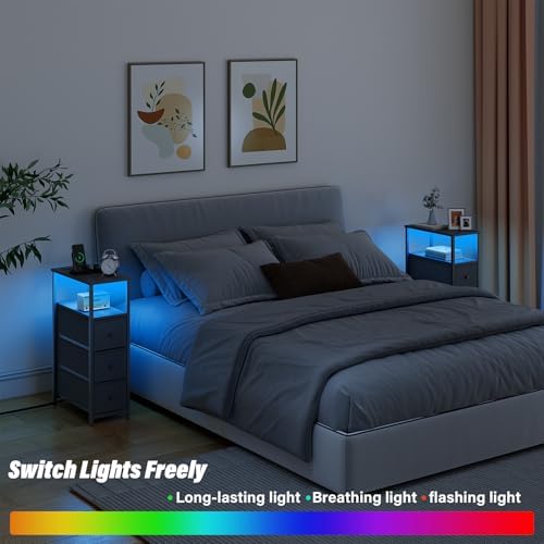 TUTOTAK Narrow LED Night Stand with Charging Station, Slim End Table