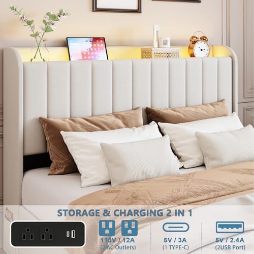 Queen Bed Frame with 4 Drawers and Storage Headboard, Upholstered Platform Bed Frame Queen Size with Led Lights and Handy Charging Station, No Box Spring Needed, Easy Assembly, Noise Free, Beige