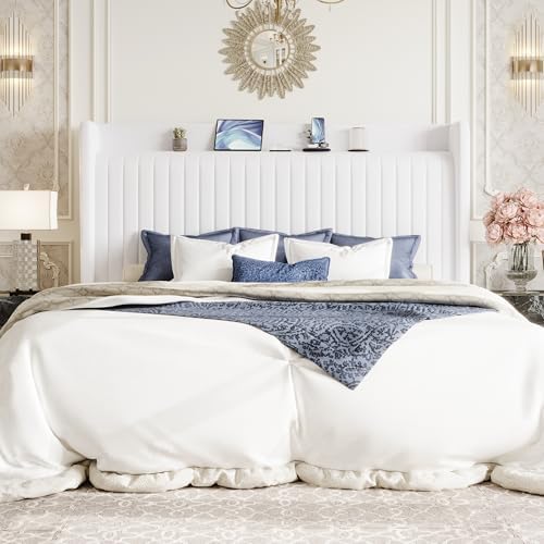 SHA CERLIN King Size Velvet Bed Frame with Shelf, Charging Station, White