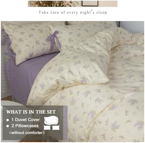 Cotton Duvet Cover Set Queen,3 Pieces Purple Floral Bedding Set,Girls Lavender Flower Duvet Cover with Zipper Closure-Queen,90x90 Inch