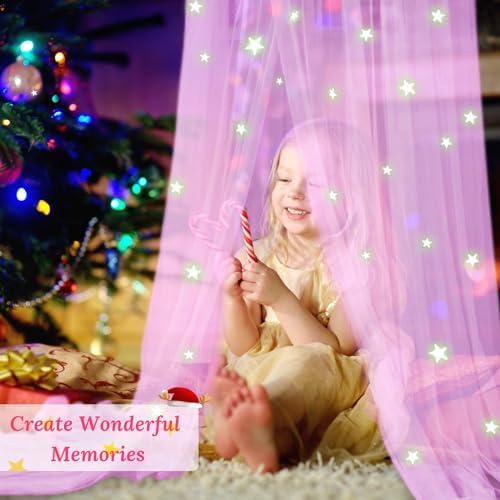 South to East Pink Bed Canopy for Girls with Glowing Stars, Gift for Girl