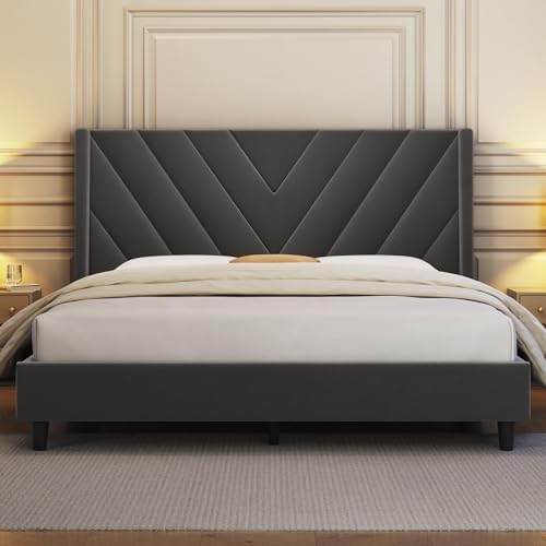 Yaheetech Queen Bed Frame with Chevron Channel-Tufted Headboard, Dark Gray