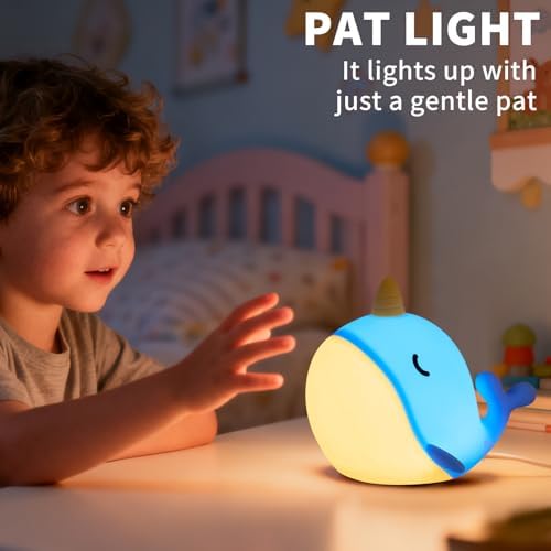 Cute Narwhal Night Light, Tap Control with 3 Warm White Brightness, USB Kids Bed Lamp with 30-Minute Timer, Soft Silicone Glow for Nursery, Birthday Gift, Blue