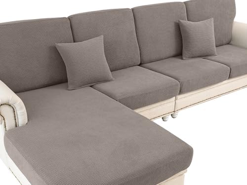 LA MEACK Couch Cushion Covers for Sectional Sofa L Shape Washable Separate Seat Chaise Couch Cover Stretch Sofa Slipcovers with 2 Pcs Pillowcases(3 Seater + 1 Chaise, Taupe)