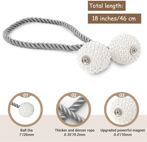 Hion Magnetic Curtain Tiebacks Grey 2pcs, Curtain Holdbacks Hooks Holders