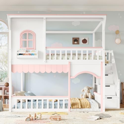Full Over Full Size House-Shaped Wooden Bunk Bed with Window, White