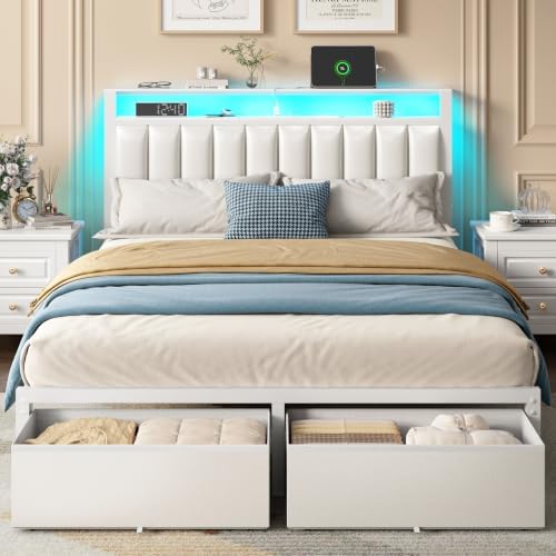 Furnulem White Queen Bed Frame with PU Upholstered Headboard & 2 Drawers