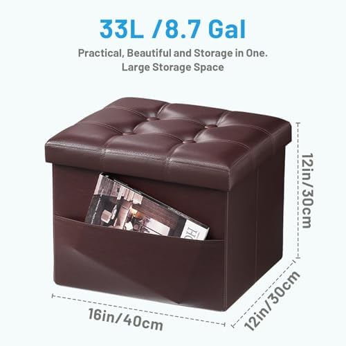 Bsketa Storage Ottoman Bench,16 Inch Folding Leather Foot Rest Stool, Brown