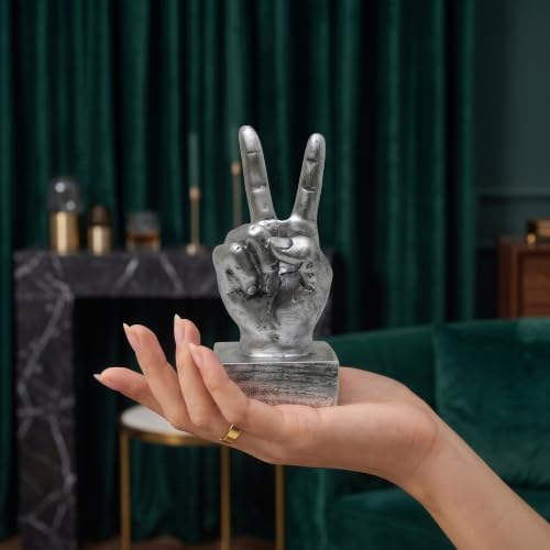 Nice purchase Hand Finger Gesture Desk Statues Fingers Sculpture Creative Home Living Room Cabinet Shelf Decoration (Victory Gesture in Silver)