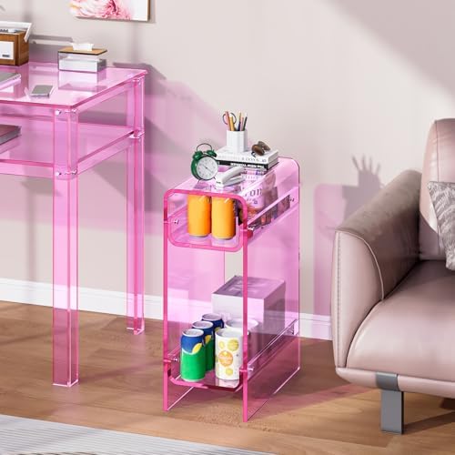 Clear Acrylic Side Table, Narrow Nightstand Bedside Table for Bedroom, Skinny Small End Table (Pink, 8.7'' x 15.7'' x 21.7")