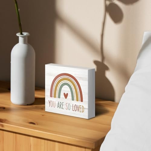 Boho Rainbow Christian Nursery Wood Box Sign Desk Decor 5X5, You Are So Loved Wooden Block Sign Decorations for Kids Boy Girl Nursery Room Bedroom Playroom Desk Table Wall Tabletop Shelf Decor