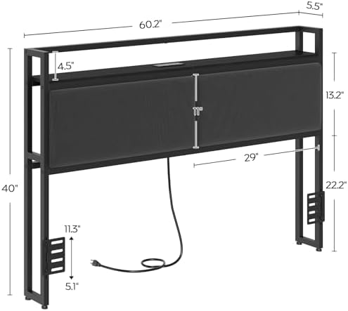 YATINEY Queen Headboard Only with Storage, Upholstered Head Board with Charging Station, Height Adjustable, Sturdy and Stable, Vintage Style, Black