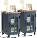 Narrow Side Table Set of 2, Farmhouse Nightstand with Charging Station