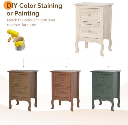 VINGLI Unfinished Solid Wood Nightstand for Color DIY, Small Nightstand for Bedroom, Natural Wood Night Stand with Drawers, Light Wood Night Stand, Real Wooden Bed Side Table/End Table