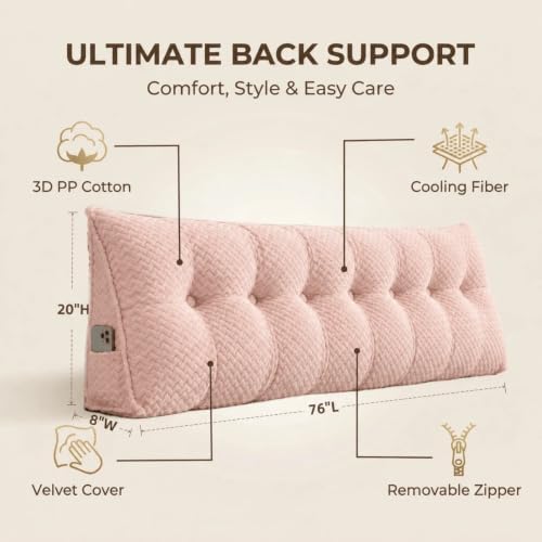 Headboard Pillow King Size, Reading Pillow for Bed, Wave Pattern Wedge Pillow, Tufted Backrest Support, Headboard Substitute, Pink