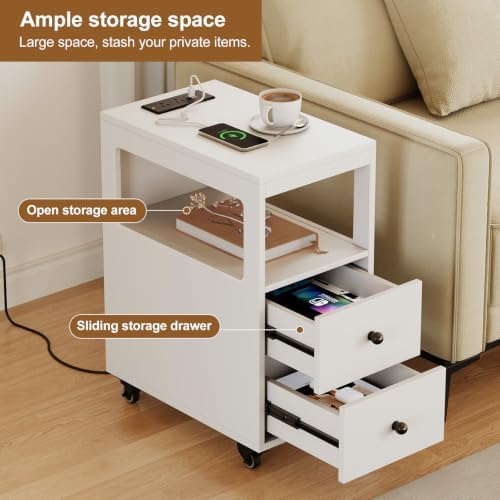 Narrow End Table with Charging Station and Wheels, Movable Narrow End Table with USB Ports and Outlets for Small Space, Living Room, Bedroom and Office, with 4 Wheels (White)
