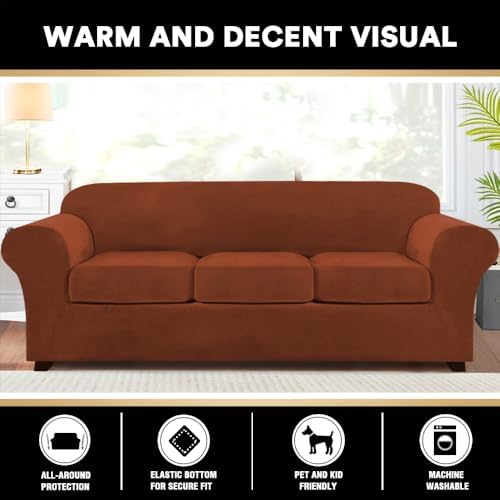 PrinceDeco Velvet XL Couch Cover for Oversized Sofa 4 Piece Sofa Covers for 3 Cushion Couch Washable Furniture Protector with Non Slip Elastic Bottom Width Up to 105 Inch (X-Large, Rust)