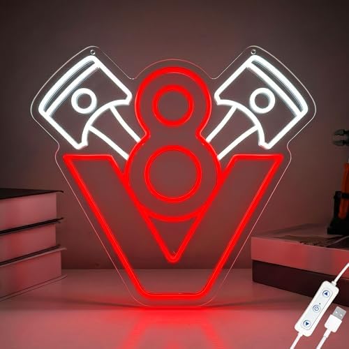 Muscle Car Neon Sign — V8 Engine Neon Light for Garage Decor & Man Cave, LED Room Decor for Men, USB Powered Racing Car Wall Art, Mechanic Gifts for Car Enthusiasts