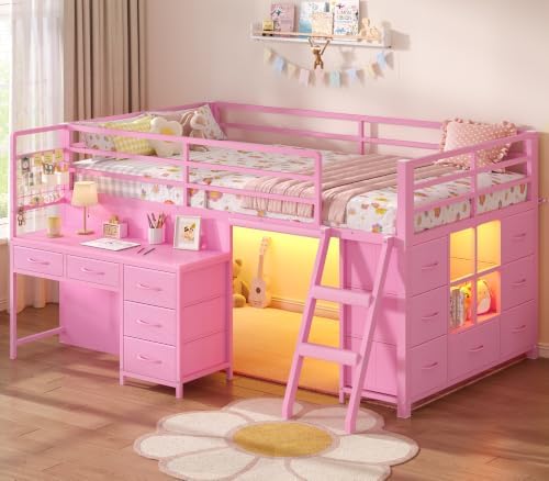 Low Loft Bed Twin Size with Desk, 12 Storage Drawers, Window, Pink
