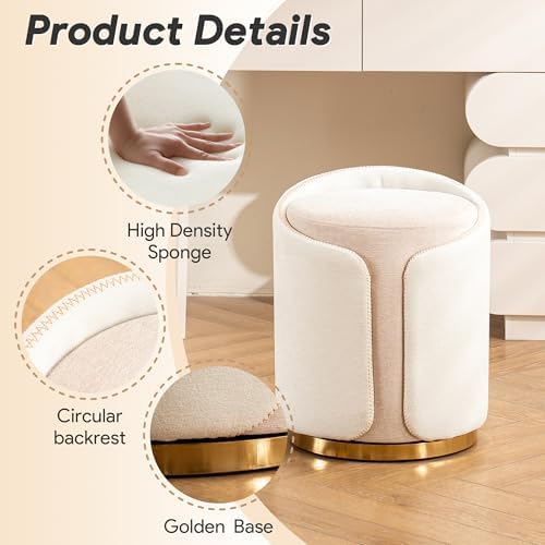 Swivel Vanity Stool with Gold Base Comfy Vanity Chair Modern Round Stool for Makeup Vanity Ottoman Foot Rest for Bedroom livingroom (Beige)