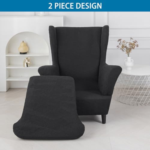 HZDHCLH Wingback Chair Slipcovers 2 Piece Stretch Spandex Chair Covers Washable Armchair Protector with Elastic Fit for Living Room Bedroom Black Embossed Leaf Pattern