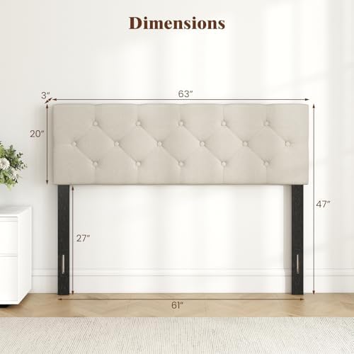 KOMFOTT Linen Upholstered Headboard for Full & Queen Size Bed Frame, Tufted Button Bed Headboard with Solid Rubber Wood Legs, Rectangular Headboard with Adjustable Width (Rhombic Button Tufted,Beige)