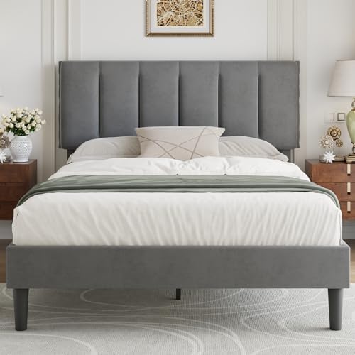 VECELO Full Size Bed Frame with Upholstered Headboard, Dark Grey