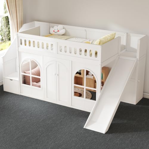 LUMISOL Twin Size Wood Loft Bed with Slide and Storage Staircase, Solid Wood Playhouse Loft Bed with Wardrobe and Window, White
