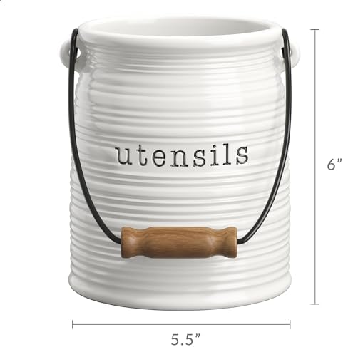 Barnyard Designs Ceramic Farmhouse Kitchen Utensil Holder, 6" White
