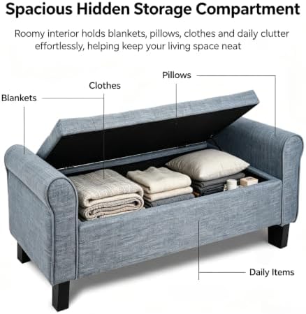 51 Inch Dark Gray Linen Storage Ottoman Bench with Rolled Armrests