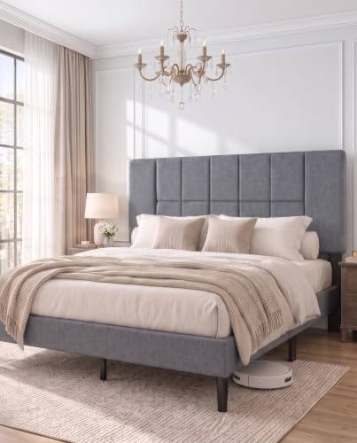 Marsail Queen Size Bed Frame with Headboard, Modern Bed Frame, Gray