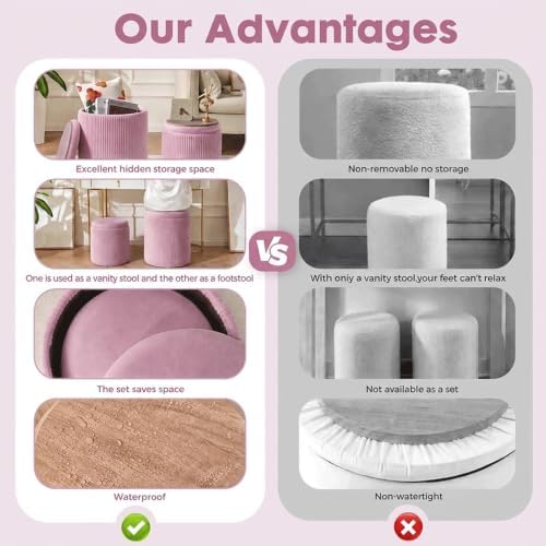 YYW HOME Velvet Round Ottoman with Storage Set of 2, Pink Vanity Stool