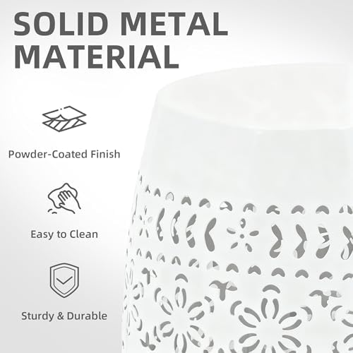18" Cutout Metal Outdoor Side Table, Modern Drum Accent Table,White