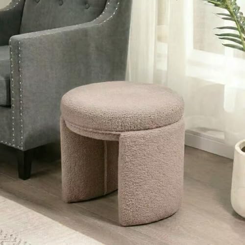 Boucle Ottoman, Round Sherpa Vanity Stool Chair, 17" Small Upholstered Modern Teddy Footstool for Makeup, Living Room, Entryway, Bedroom, Dark Beige