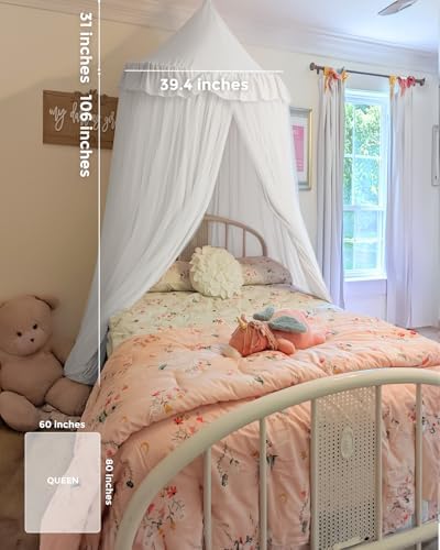 little dove Bed Canopy for Girls with Star Lights, 39.4''x 106'', White