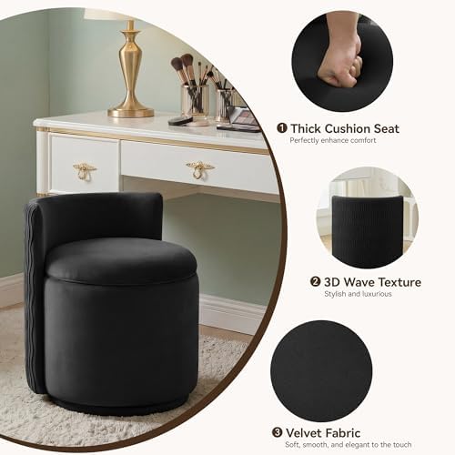 HUBSON Vanity Chair with Storage, Swivel Velvet Chairs with Back, Modern Round Accent Makeup Chair, No Assembly Vanity Stool for Living Room, Bedroom, Dressing, Black