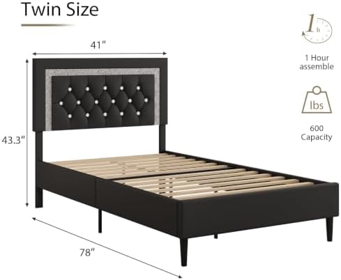 BarnFurin Twin Bed Frame with Tufted Button Headboard, Black