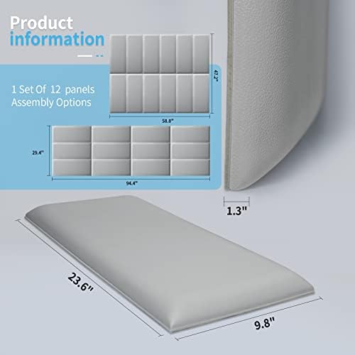 Art3d 12-Pack Peel and Stick Upholstered Headboard, 9.84 x 23.62 in, Grey