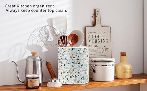 Kitchen Utensil Holder,7.2-inch Extra Large Ceramic Terrazzo Marble Pattern Utensil Crock,Cooking Utensil Organizer for Kitchen Counter Decor,Storage Caddy Farmhouse Gift Nordic Light Blue