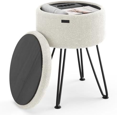 Round Ottoman with Storage, Boucle Storage Ottoman, Foot Stool Ottomans, Makeup Vanity Stool, Small Ottomans Foot Rest, Modern Vanity Stools for Living Room and Bedroom, Cream