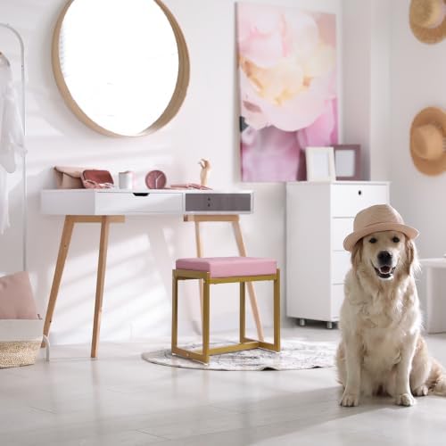 Vanity Stool, Pink Small Vanity Stools Chair, Square Cushion Makeup Chairs for Vanity, Metal Foot Stool Ottoman Seat for Bedroom Makeup Living Room, Pink & Gold