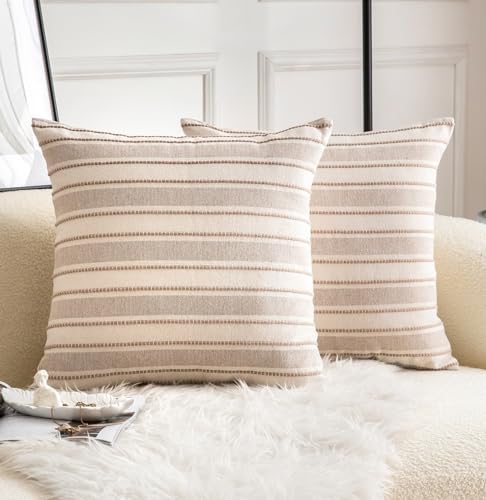 Cethom Decorative Boho Throw Pillow Covers, Farmhouse Textured Pillow Case, 22 x 22 Inch Set of 2, Chair Sofa Bedroom Living Room Home Decor Couch Cushion Case, Taupe and Beige Striped