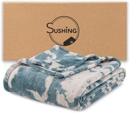 Luxury Printed Fleece Warm Blanket, Soft Lightweight Velvety Plush Throw for Couch and Bed, Cozy Comfy for All Seasons(Blue Floral Silhouette, 90×90 Inches)