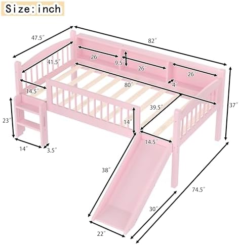 Bellemave Twin XL Loft Bed with Slide and Ladders, Solid Wood Low Loft Bed with Storage Shelves and LED Lights, Loftbed Frame for Kids, Boys, Girls, Childlike and No Box Spring Needed Design, Pink