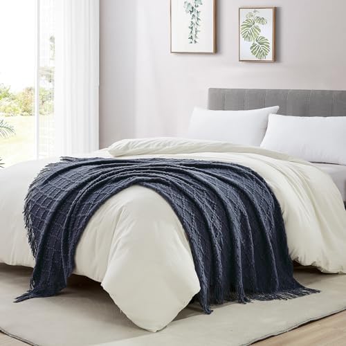 BOURINA Navy Throw Blanket 50 x70 Inch Jacquard Throw Knitted Blanket