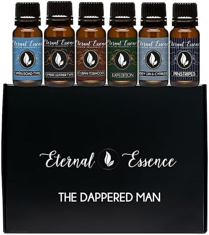 Eternal Essence Oils Dappered Man/Gentlemen Set of 6 Premium Fragrance Oils - Includes Cuban Tobacco, Dry Gin & Cypress, Expedition, Ombré Leather Type, Open Road Type, Pinstripes Scented Oils - 10ML
