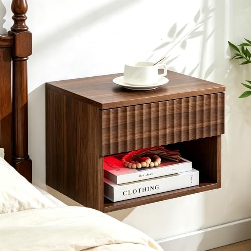 Floating Nightstand Set of 2, Wall Mounted Cabinet with Storage Drawer, Bedroom Bedside Table with LED Light, Modern Night Stand for Dorm Hallway Entryway, Walnut