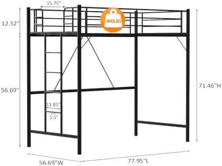 VINGLI 71 Inches Tall Loft Bed Twin Size with Flat Ladder Rung for Kids Teens Adults Heavy Duty Metal Single Bunk Bed Loft with Safety Guard Rails for Small Space, Black