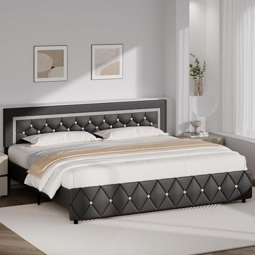 BarnFurin King Bed Frame with Diamond Tufted Headboard, Gray