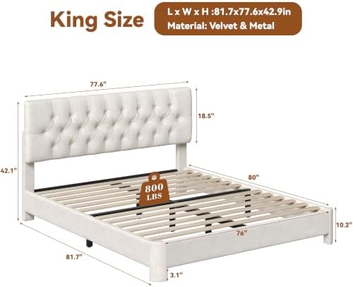 King Size Bed Frame with Headboard, Luxury Velvet Fabric Upholstered Bed frame with Button Tufted Design, Strong Wooden Slats Support - Low & Sturdy, Noise-Free, No Box Spring, Easy Assembly, Cream